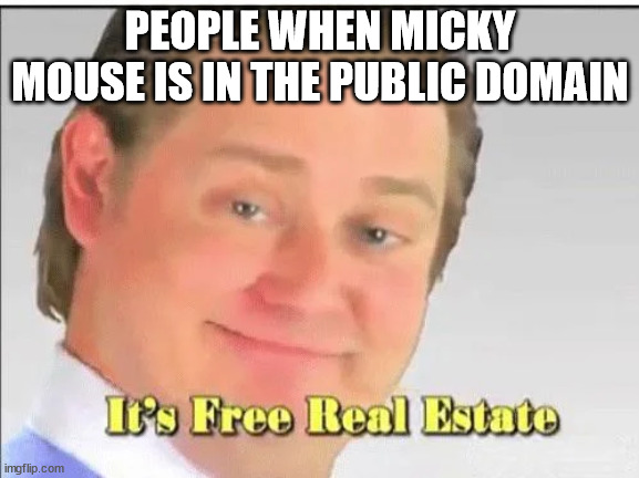 Micky mouse in the public domain | PEOPLE WHEN MICKY MOUSE IS IN THE PUBLIC DOMAIN | image tagged in it's free real estate,micky mouse,public domain | made w/ Imgflip meme maker