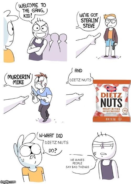 it's a real brand | DIETZ NUTS; DIETZ NUTS; HE MAKES PEOPLE SAY BAD THINGS | image tagged in what did x do | made w/ Imgflip meme maker