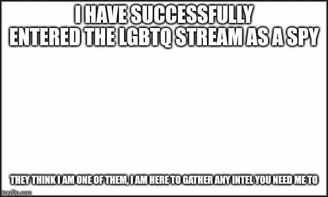 plain white | I HAVE SUCCESSFULLY ENTERED THE LGBTQ STREAM AS A SPY; THEY THINK I AM ONE OF THEM, I AM HERE TO GATHER ANY INTEL YOU NEED ME TO | image tagged in plain white | made w/ Imgflip meme maker
