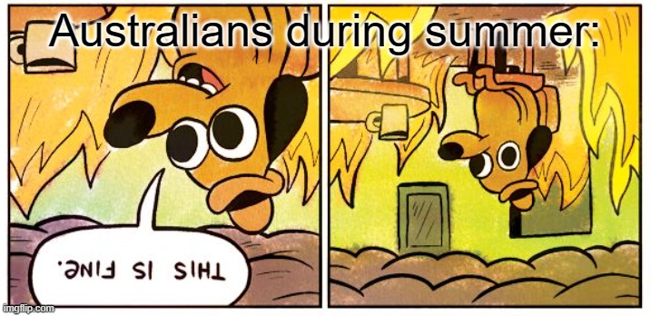 this is being said by an Aussie, 30-40 degrees is the norm in some parts of Australia | Australians during summer: | image tagged in memes,this is fine,australia,barney will eat all of your delectable biscuits,unfunny | made w/ Imgflip meme maker