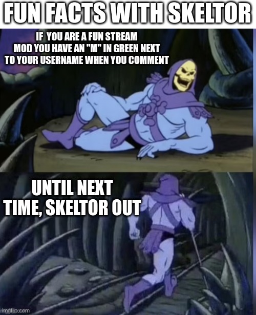 Skeltor facts | FUN FACTS WITH SKELTOR; IF  YOU ARE A FUN STREAM MOD YOU HAVE AN "M" IN GREEN NEXT TO YOUR USERNAME WHEN YOU COMMENT; UNTIL NEXT TIME, SKELTOR OUT | image tagged in skeltor facts | made w/ Imgflip meme maker