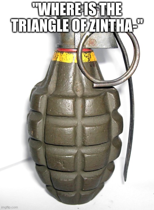 grenade | "WHERE IS THE TRIANGLE OF ZINTHA-" | image tagged in grenade | made w/ Imgflip meme maker