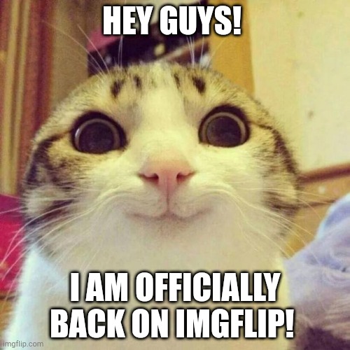 Yay! | HEY GUYS! I AM OFFICIALLY BACK ON IMGFLIP! | image tagged in memes,smiling cat,im back,ight im back | made w/ Imgflip meme maker