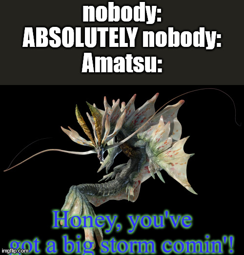 hyped for amatsu | nobody:
ABSOLUTELY nobody:
Amatsu:; Honey, you've got a big storm comin'! | image tagged in monster hunter | made w/ Imgflip meme maker