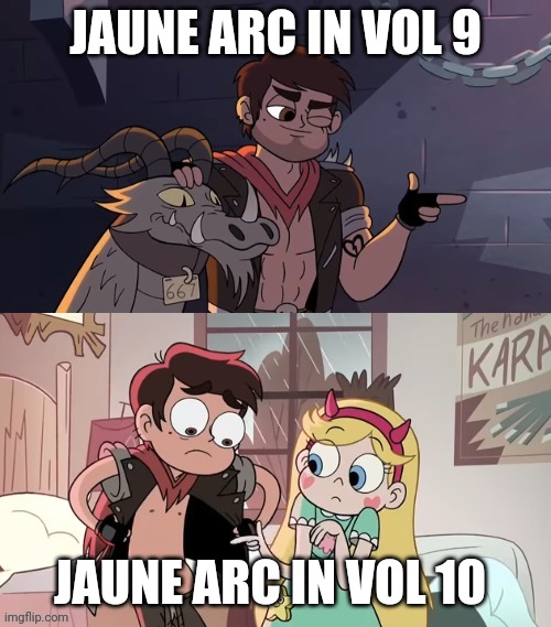 Jaune arc before and after leaving ever after. | JAUNE ARC IN VOL 9; JAUNE ARC IN VOL 10 | image tagged in rwby | made w/ Imgflip meme maker