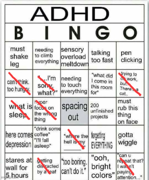 I decided to do this bingo because I'm bored af- | image tagged in adhd bingo,idk,stuff,s o u p,carck | made w/ Imgflip meme maker