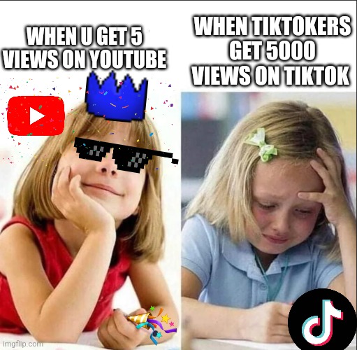Happy sad girl | WHEN TIKTOKERS GET 5000 VIEWS ON TIKTOK; WHEN U GET 5 VIEWS ON YOUTUBE; 🎉 | image tagged in happy sad girl | made w/ Imgflip meme maker