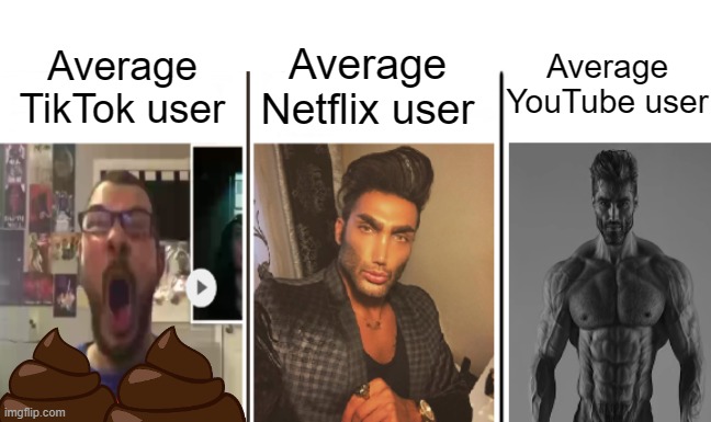 Average users | Average YouTube user; Average Netflix user; Average TikTok user | image tagged in nerd vs chad vs giga chad,memes,so true memes | made w/ Imgflip meme maker