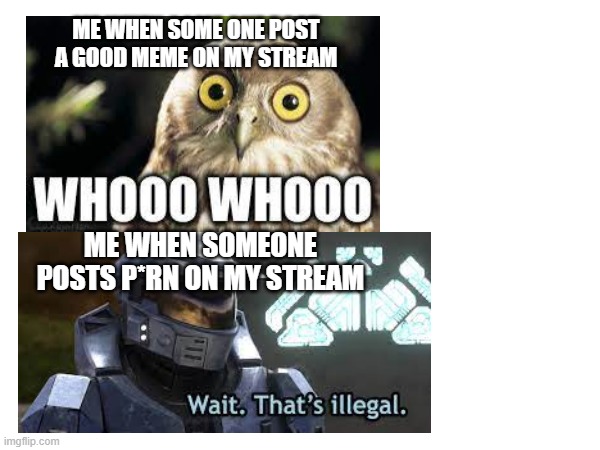ME WHEN SOME ONE POST A GOOD MEME ON MY STREAM; ME WHEN SOMEONE POSTS P*RN ON MY STREAM | made w/ Imgflip meme maker