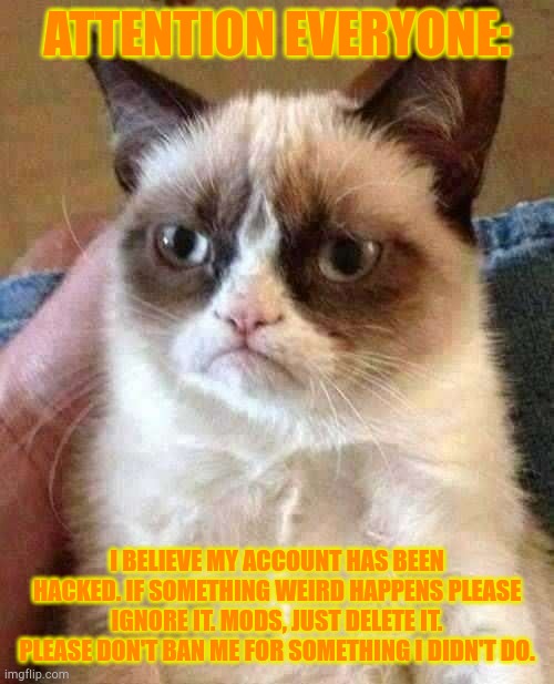 Grumpy Cat | ATTENTION EVERYONE:; I BELIEVE MY ACCOUNT HAS BEEN HACKED. IF SOMETHING WEIRD HAPPENS PLEASE IGNORE IT. MODS, JUST DELETE IT. PLEASE DON'T BAN ME FOR SOMETHING I DIDN'T DO. | image tagged in memes,grumpy cat | made w/ Imgflip meme maker