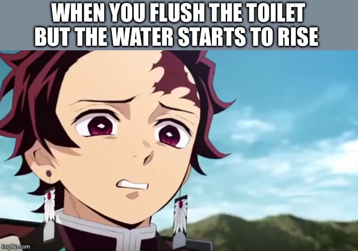 Oh no | WHEN YOU FLUSH THE TOILET BUT THE WATER STARTS TO RISE | image tagged in tanjiro looking down on zenitsu,oh no | made w/ Imgflip meme maker