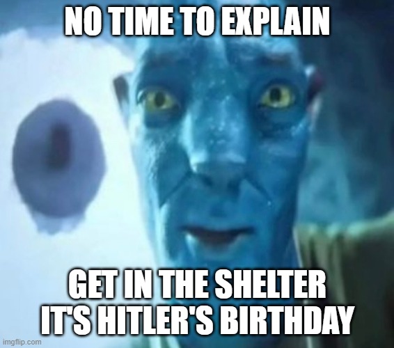 Avatar guy | NO TIME TO EXPLAIN; GET IN THE SHELTER IT'S HITLER'S BIRTHDAY | image tagged in avatar guy | made w/ Imgflip meme maker