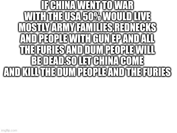 IF CHINA WENT TO WAR WITH THE USA 50% WOULD LIVE MOSTLY ARMY FAMILIES,REDNECKS AND PEOPLE WITH GUN EP AND ALL THE FURIES AND DUM PEOPLE WILL BE DEAD.SO LET CHINA COME AND KILL THE DUM PEOPLE AND THE FURIES | made w/ Imgflip meme maker