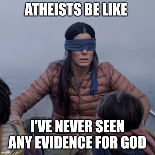 Bird Box Meme | ATHEISTS BE LIKE; I'VE NEVER SEEN ANY EVIDENCE FOR GOD | image tagged in memes,bird box | made w/ Imgflip meme maker