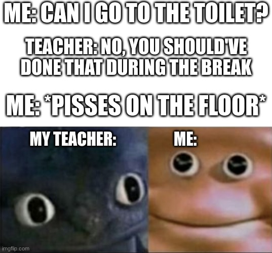 I meeeaaan... I told you I needed to go to the toilet... | ME: CAN I GO TO THE TOILET? TEACHER: NO, YOU SHOULD'VE DONE THAT DURING THE BREAK; ME: *PISSES ON THE FLOOR*; MY TEACHER:                   ME: | image tagged in blank stare dragon,school,teacher,funny,memes,dankmemes | made w/ Imgflip meme maker