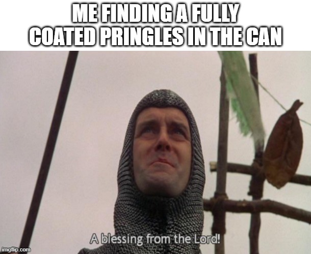 Relatable energy skyrocketing | ME FINDING A FULLY COATED PRINGLES IN THE CAN | image tagged in a blessing from the lord | made w/ Imgflip meme maker