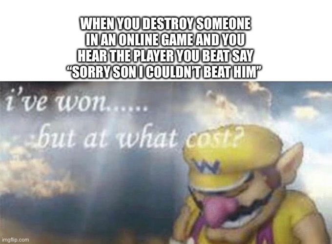ive won but at what cost | WHEN YOU DESTROY SOMEONE IN AN ONLINE GAME AND YOU HEAR THE PLAYER YOU BEAT SAY “SORRY SON I COULDN’T BEAT HIM’’ | image tagged in ive won but at what cost | made w/ Imgflip meme maker