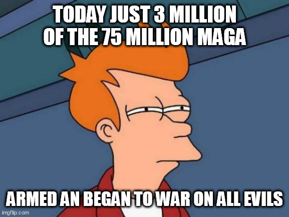 Futurama Fry Meme | TODAY JUST 3 MILLION OF THE 75 MILLION MAGA; ARMED AN BEGAN TO WAR ON ALL EVILS | image tagged in memes,futurama fry | made w/ Imgflip meme maker