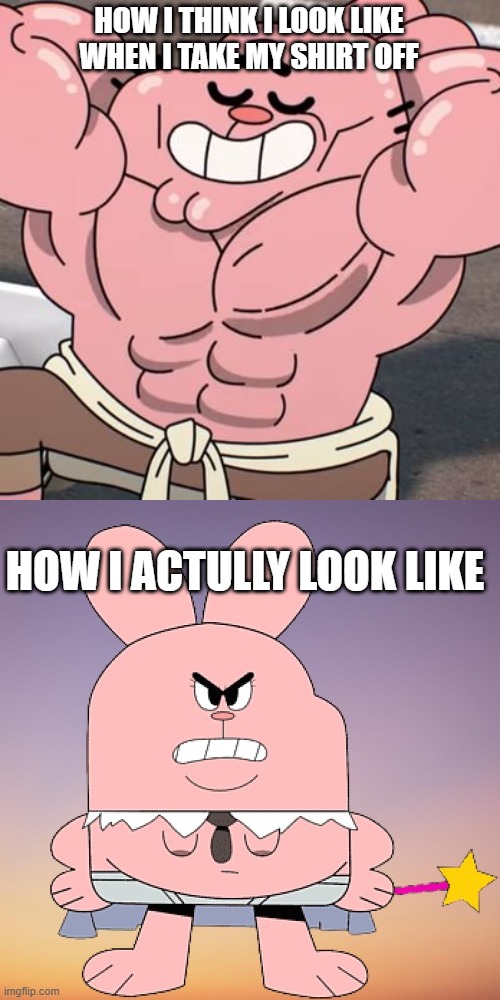 gym | HOW I THINK I LOOK LIKE WHEN I TAKE MY SHIRT OFF; HOW I ACTULLY LOOK LIKE | image tagged in gym memes,fitness,gym rats,about me | made w/ Imgflip meme maker