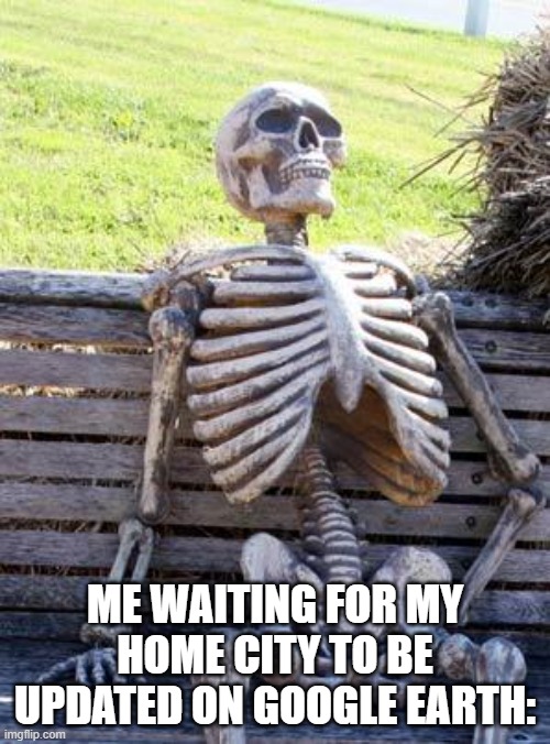 At least I have Google Street View... | ME WAITING FOR MY HOME CITY TO BE UPDATED ON GOOGLE EARTH: | image tagged in memes,waiting skeleton,funny,google,google earth,google maps | made w/ Imgflip meme maker