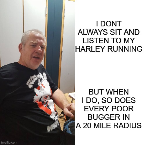Noisy Harley | I DONT ALWAYS SIT AND LISTEN TO MY HARLEY RUNNING; BUT WHEN I DO, SO DOES EVERY POOR BUGGER IN A 20 MILE RADIUS | image tagged in harley davidson | made w/ Imgflip meme maker