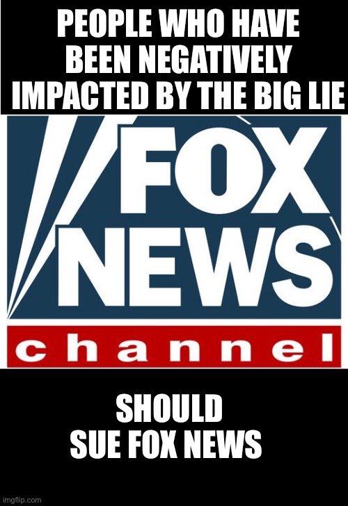 fox news | PEOPLE WHO HAVE BEEN NEGATIVELY IMPACTED BY THE BIG LIE; SHOULD SUE FOX NEWS | image tagged in fox news | made w/ Imgflip meme maker
