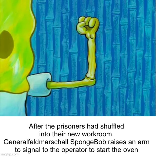 mmm what’s cooking? | After the prisoners had shuffled into their new workroom, Generalfeldmarschall SpongeBob raises an arm to signal to the operator to start the oven | image tagged in e | made w/ Imgflip meme maker