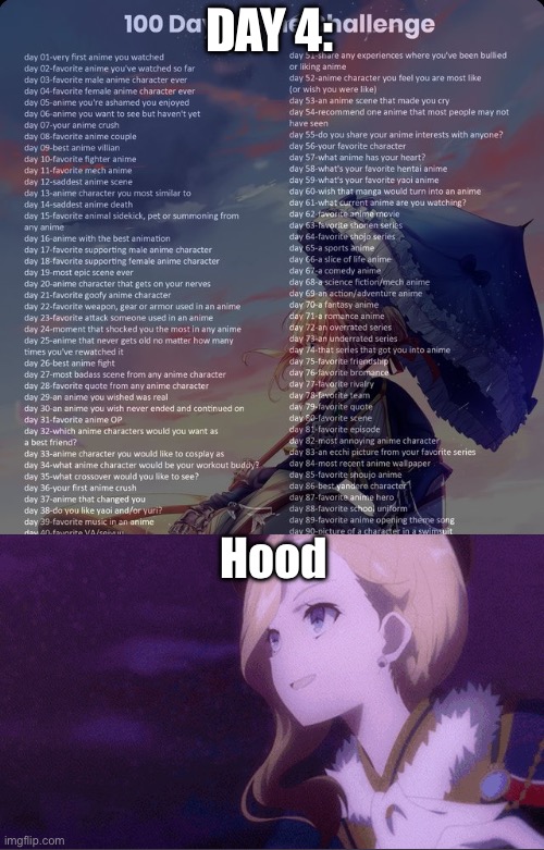 FREAKING HOOD DUDE | DAY 4:; Hood | image tagged in 100 day anime challenge | made w/ Imgflip meme maker