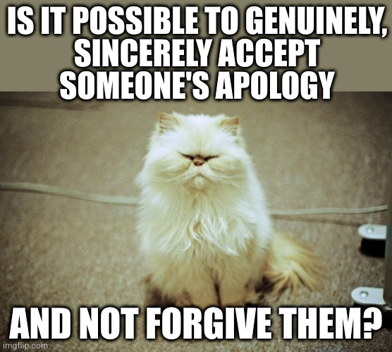 Does accepting the one require giving the other? | IS IT POSSIBLE TO GENUINELY,
SINCERELY ACCEPT
SOMEONE'S APOLOGY; AND NOT FORGIVE THEM? | image tagged in i resent | made w/ Imgflip meme maker