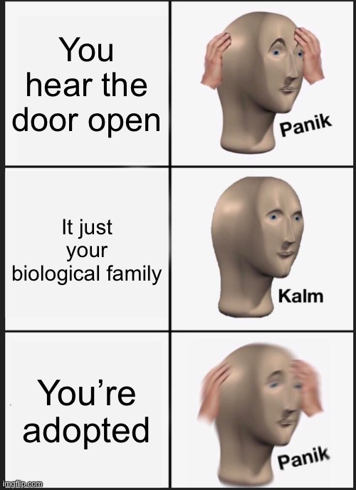 My friends true story | You hear the door open; It just your biological family; You’re adopted | image tagged in memes,panik kalm panik | made w/ Imgflip meme maker