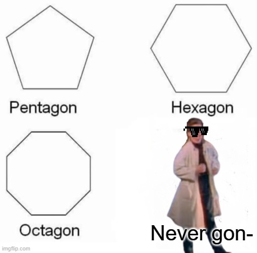 Pentagon Hexagon Octagon | Never gon- | image tagged in memes,pentagon hexagon octagon | made w/ Imgflip meme maker