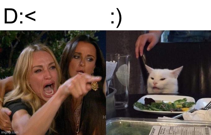 This isn’t supposed to be funny | D:<; :) | image tagged in memes,woman yelling at cat | made w/ Imgflip meme maker