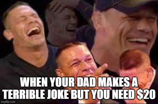 john cena laughing | WHEN YOUR DAD MAKES A TERRIBLE JOKE BUT YOU NEED $20 | image tagged in john cena laughing | made w/ Imgflip meme maker