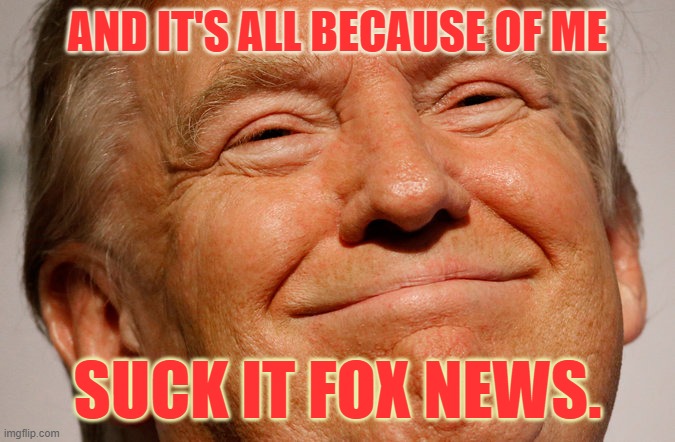 Trump Smile | AND IT'S ALL BECAUSE OF ME SUCK IT FOX NEWS. | image tagged in trump smile | made w/ Imgflip meme maker