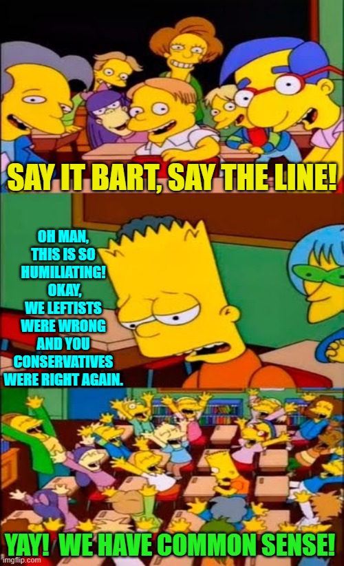 It's the people without common sense whom continue voting Democrat. | SAY IT BART, SAY THE LINE! OH MAN, THIS IS SO HUMILIATING!  OKAY, WE LEFTISTS WERE WRONG AND YOU CONSERVATIVES WERE RIGHT AGAIN. YAY!  WE HAVE COMMON SENSE! | image tagged in say the line bart simpsons | made w/ Imgflip meme maker