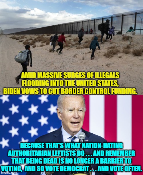 Anyone surprised . . . simply has not been paying attention. | AMID MASSIVE SURGES OF ILLEGALS FLOODING INTO THE UNITED STATES, BIDEN VOWS TO CUT BORDER CONTROL FUNDING. BECAUSE THAT'S WHAT NATION-HATING AUTHORITARIAN LEFTISTS DO . . . AND REMEMBER THAT BEING DEAD IS NO LONGER A BARRIER TO VOTING,  AND SO VOTE DEMOCRAT . . . AND VOTE OFTEN. | image tagged in truth | made w/ Imgflip meme maker