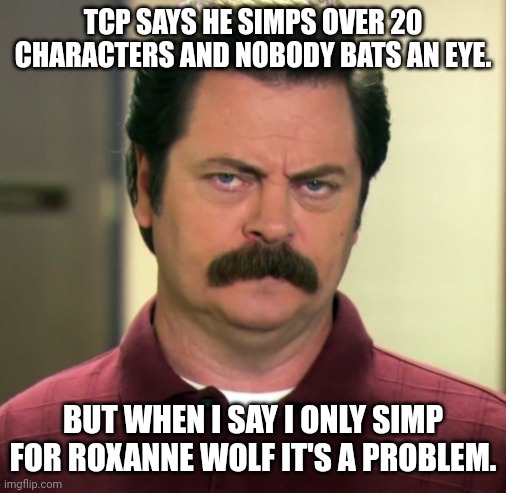 Fr stupid | TCP SAYS HE SIMPS OVER 20 CHARACTERS AND NOBODY BATS AN EYE. BUT WHEN I SAY I ONLY SIMP FOR ROXANNE WOLF IT'S A PROBLEM. | image tagged in ron swanson | made w/ Imgflip meme maker