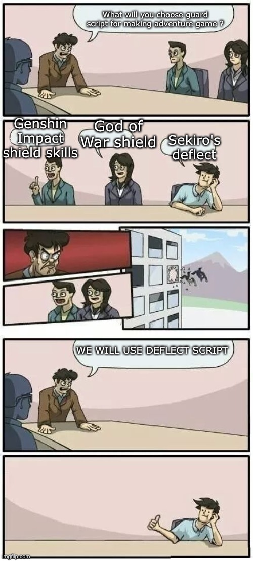 Sekiro deflect maybe hard to some ppl | What will you choose guard script for making adventure game ? Genshin Impact shield skills; God of War shield; Sekiro's deflect; WE WILL USE DEFLECT SCRIPT | image tagged in boardroom meeting suggestion 2 | made w/ Imgflip meme maker