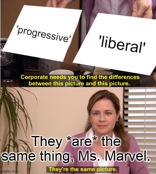 They're The Same Picture Meme | 'progressive' 'liberal' They *are* the same thing, Ms. Marvel. | image tagged in memes,they're the same picture | made w/ Imgflip meme maker