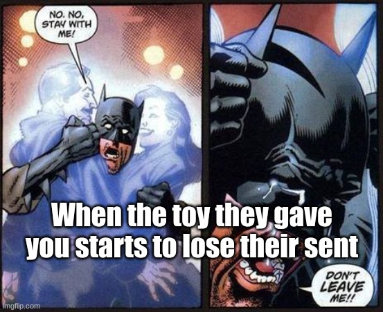 Batman don't leave me | When the toy they gave you starts to lose their sent | image tagged in batman don't leave me | made w/ Imgflip meme maker