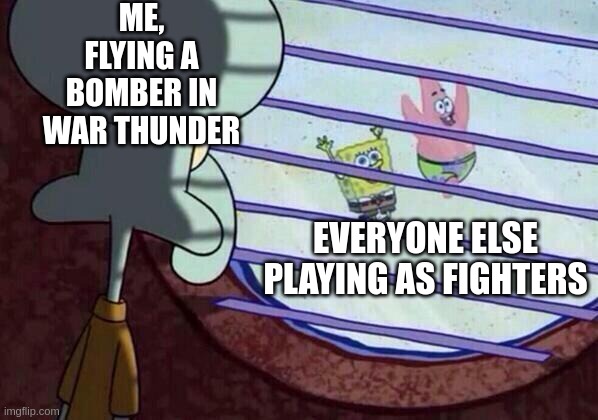Squidward window | ME, FLYING A BOMBER IN WAR THUNDER; EVERYONE ELSE PLAYING AS FIGHTERS | image tagged in squidward window | made w/ Imgflip meme maker