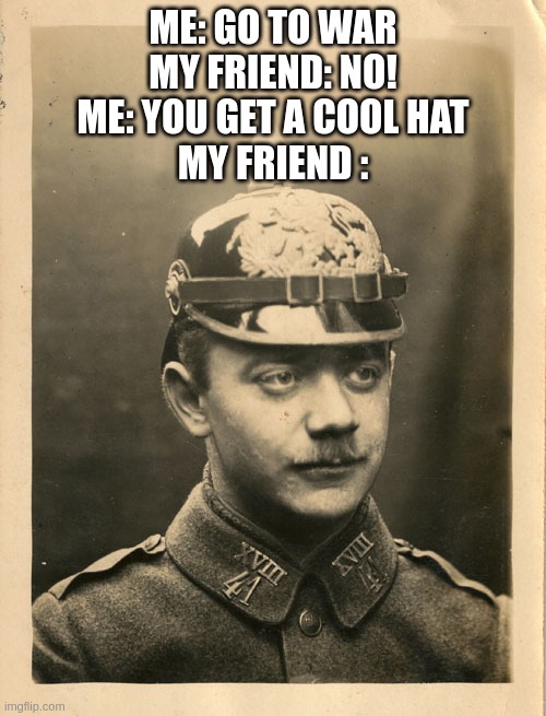 ww1 | ME: GO TO WAR
MY FRIEND: NO!
ME: YOU GET A COOL HAT
MY FRIEND : | image tagged in ww1 | made w/ Imgflip meme maker