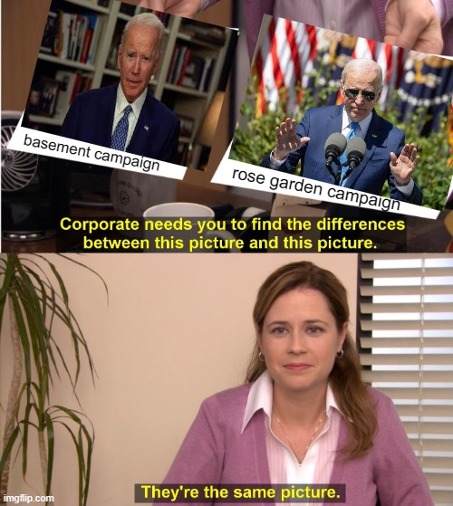 Here We Go...Here We Go Again... | basement campaign; rose garden campaign | image tagged in memes,they're the same picture,politics,joe biden,campaign,style | made w/ Imgflip meme maker