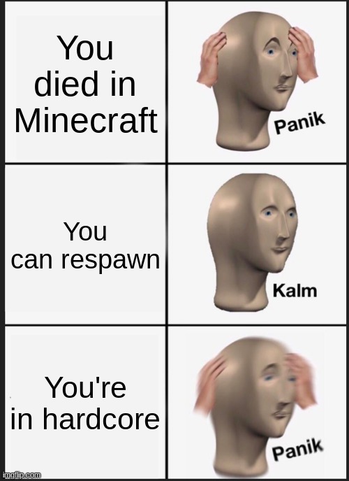 Panik Kalm Panik | You died in Minecraft; You can respawn; You're in hardcore | image tagged in memes,panik kalm panik | made w/ Imgflip meme maker