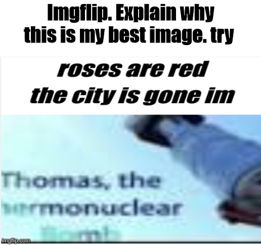 i love this website | Imgflip. Explain why this is my best image. try | image tagged in thomas the thermonuclear bomb,explain,what is this place,fun stream,fun | made w/ Imgflip meme maker