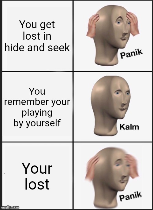 Happened irl | You get lost in hide and seek; You remember your playing by yourself; Your lost | image tagged in memes,panik kalm panik | made w/ Imgflip meme maker