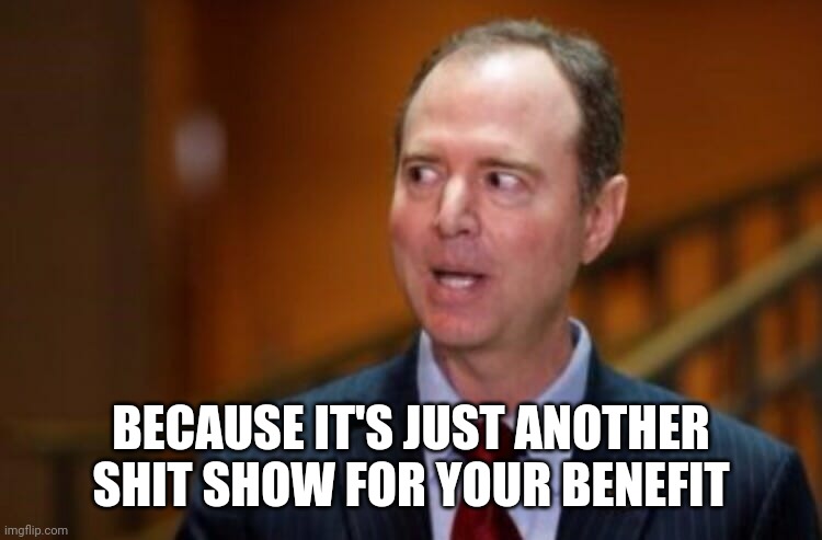 Adam Schiff | BECAUSE IT'S JUST ANOTHER SHIT SHOW FOR YOUR BENEFIT | image tagged in adam schiff | made w/ Imgflip meme maker