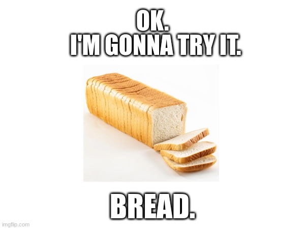 I'm gonna try it. | I'M GONNA TRY IT. OK. BREAD. | image tagged in bread,huh,yup,lol so funny | made w/ Imgflip meme maker
