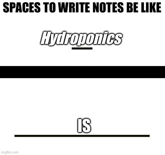 My teacher did not laugh | SPACES TO WRITE NOTES BE LIKE; Hydroponics; IS | image tagged in memes,funny,dank memes,you have been eternally cursed for reading the tags,stop reading the tags,blank white template | made w/ Imgflip meme maker