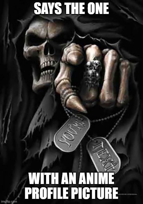 Grim Reaper | SAYS THE ONE WITH AN ANIME PROFILE PICTURE | image tagged in grim reaper | made w/ Imgflip meme maker